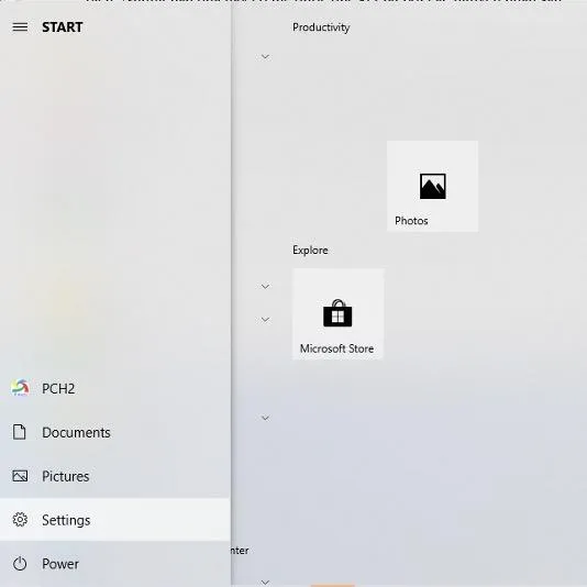 Biểu tượng Settings (cài đặt) trong menu Start của Windows để điều chỉnh quyền truy cập camera