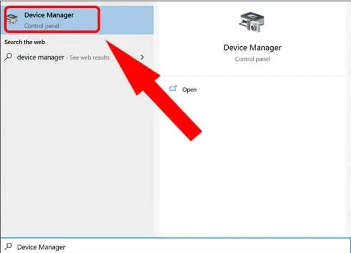 Thanh tìm kiếm và kết quả cho Device Manager để quản lý Driver camera máy tính