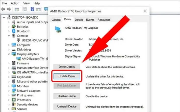 Tab Driver và nút Update Driver trong cửa sổ Properties của thiết bị