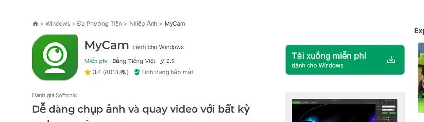 Giao diện tải phần mềm chụp ảnh Mycam miễn phí