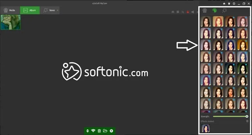 Khung hiệu ứng đặc biệt bên phải trong phần mềm chụp ảnh Mycam