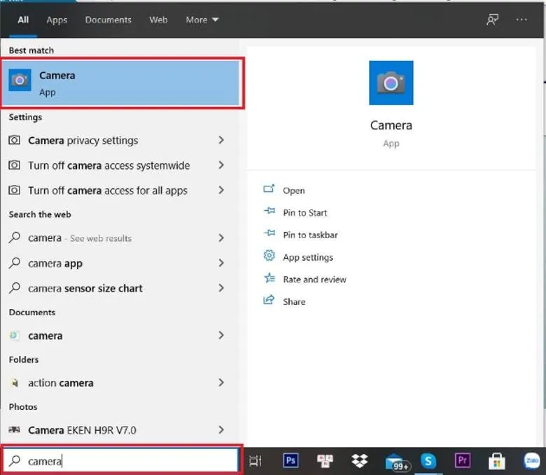 Thanh tìm kiếm trên Windows 10 và nhập từ khóa 'Camera' để tìm ứng dụng