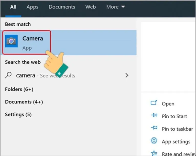 Kết quả tìm kiếm và biểu tượng ứng dụng Camera trên Windows 10