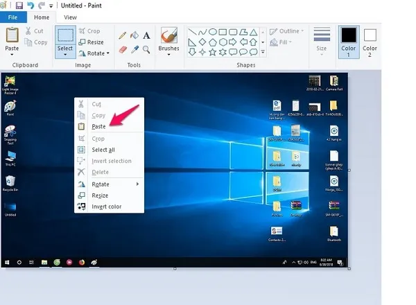 Màn hình đang hiển thị ứng dụng Paint, sẵn sàng để dán ảnh chụp màn hình máy tính laptop