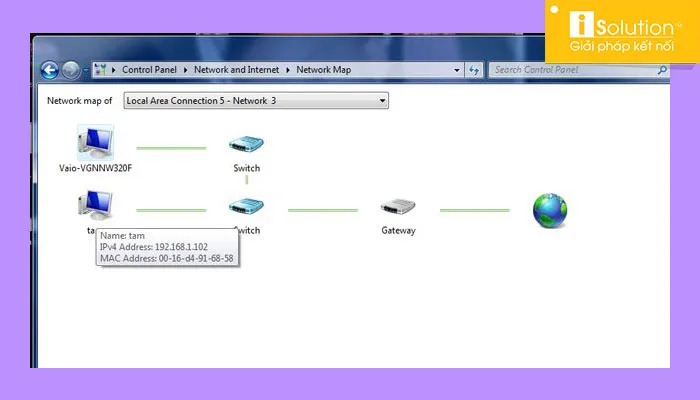 Network Map hiển thị bản đồ mạng với các máy tính và địa chỉ IP