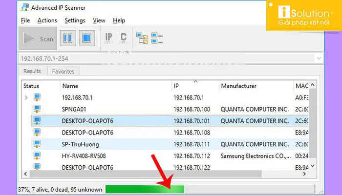 Màn hình quét Advanced IP Scanner hiển thị tiến trình tìm kiếm thiết bị