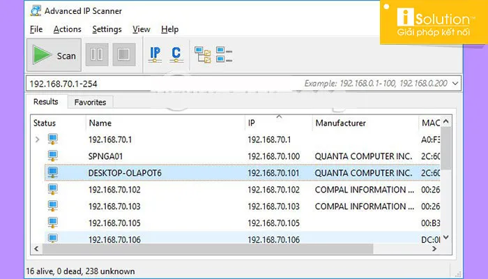 Kết quả quét Advanced IP Scanner với đầy đủ thông tin tên máy, IP và MAC