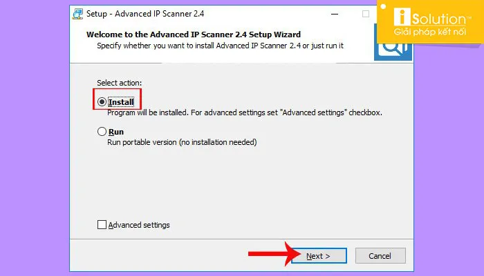 Giao diện cài đặt Advanced IP Scanner với tùy chọn Install