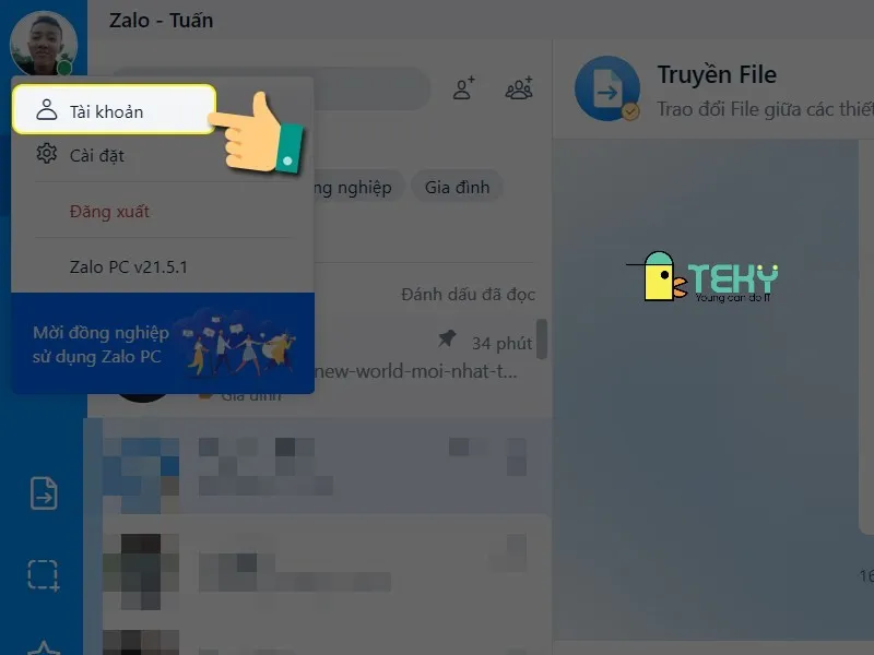 Chọn mục Tài Khoản để thay đổi ảnh đại diện Zalo