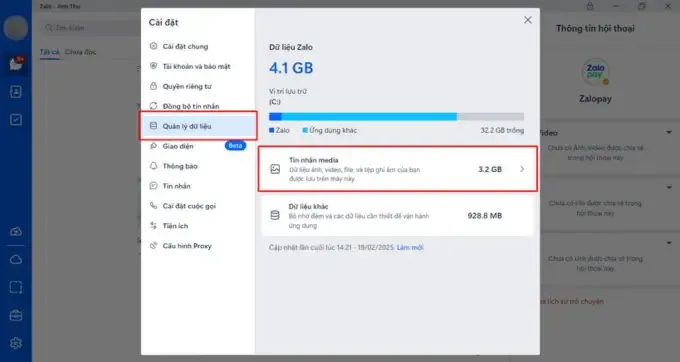 Màn hình Quản lý dữ liệu Zalo trên máy tính, hiển thị tổng dung lượng và các tùy chọn quản lý