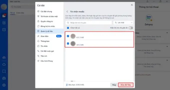 Trong phần Tin nhắn media, người dùng chọn các cuộc trò chuyện và nhấn Xóa dữ liệu để dọn dẹp bộ nhớ Zalo