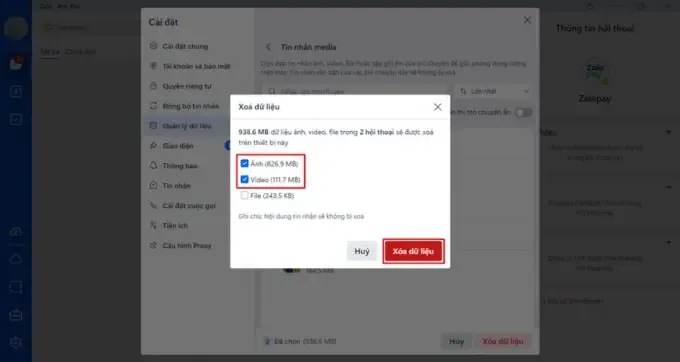 Zalo hiển thị thông báo xác nhận và người dùng nhấn Xóa dữ liệu để hoàn tất quá trình dọn dẹp bộ nhớ