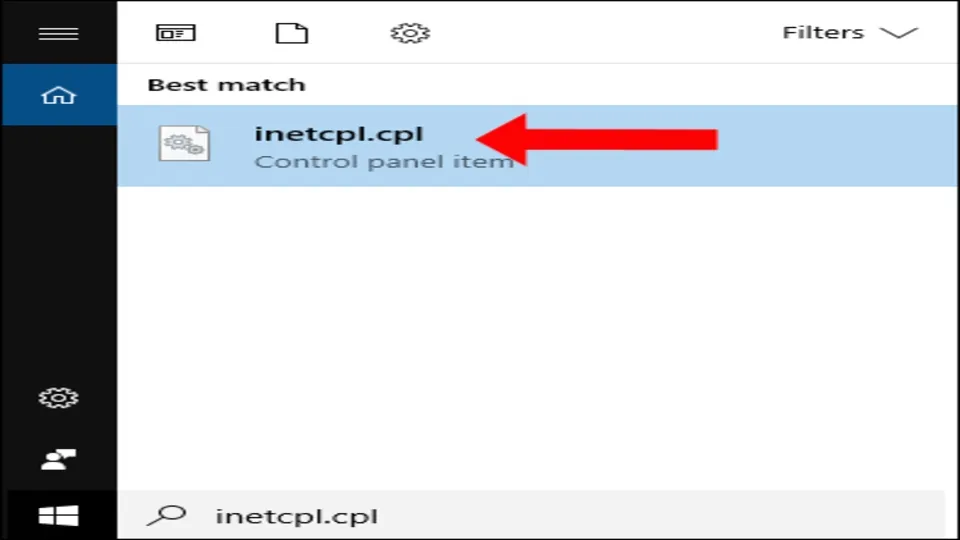 Gõ inetcpl.cpl vào thanh tìm kiếm và truy cập vào kết quả tìm được