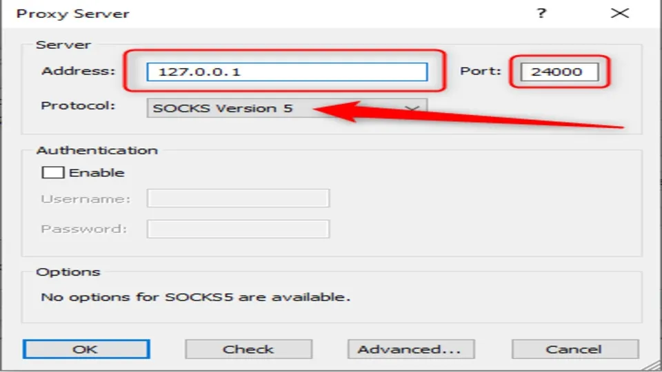 Nhập IP address, Port vào ô Address, Port