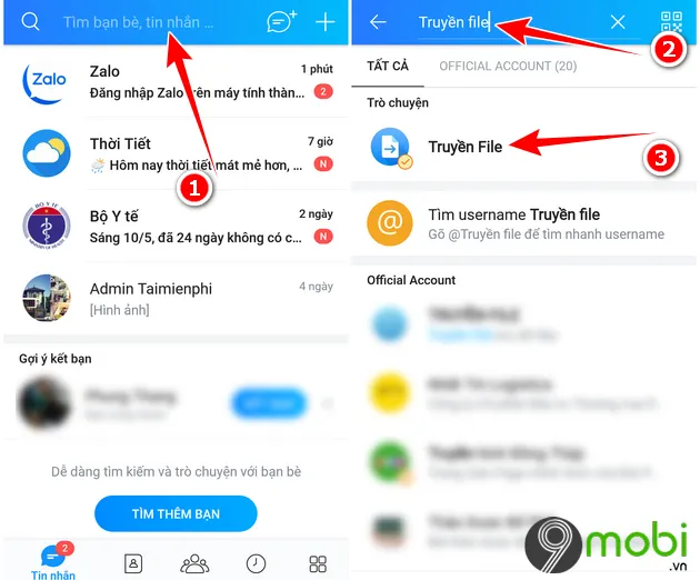 Giao diện tìm kiếm chức năng Truyền File trên ứng dụng Zalo di động