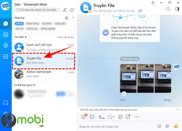 Giao diện Truyền File trên Zalo PC sau khi gửi hình từ điện thoại qua máy tính