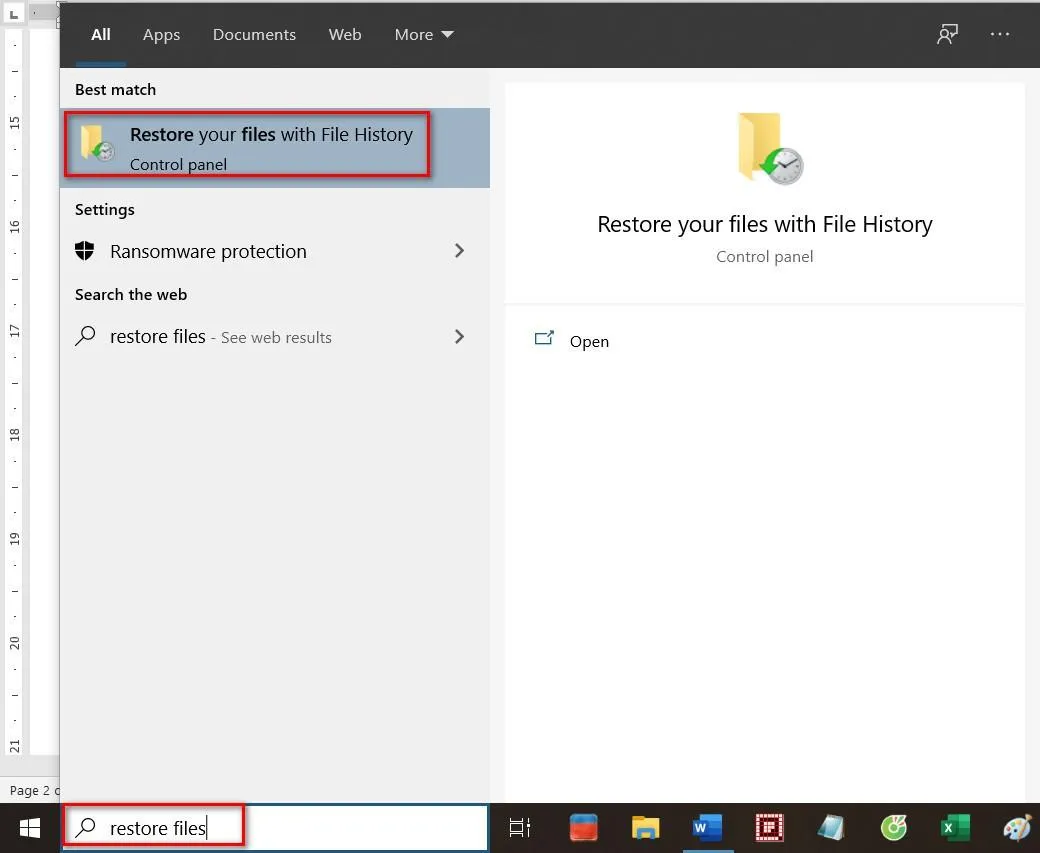 Cửa sổ File History trên Windows 10 giúp phục hồi file đã xóa