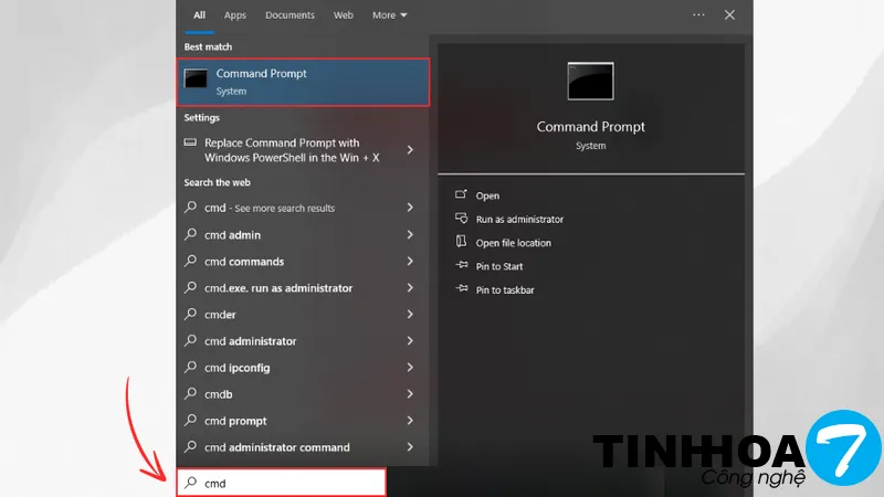 Tìm kiếm và mở Command Prompt với quyền Run as administrator