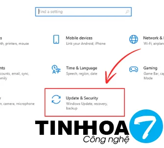 Chọn Update & Security trong cửa sổ Settings