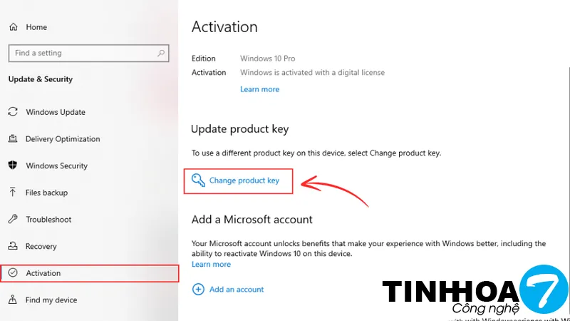 Chọn Change product key trong mục Activation
