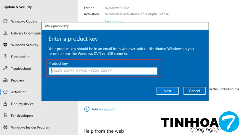 Nhập mã key vào ô trống và nhấn Next để kích hoạt