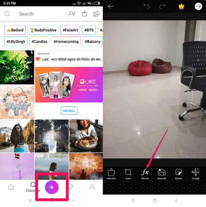Nhấp vào tab hiệu ứng fx bên dưới cùng của màn hình, một số công cụ và bộ lọc sẽ hiện ra