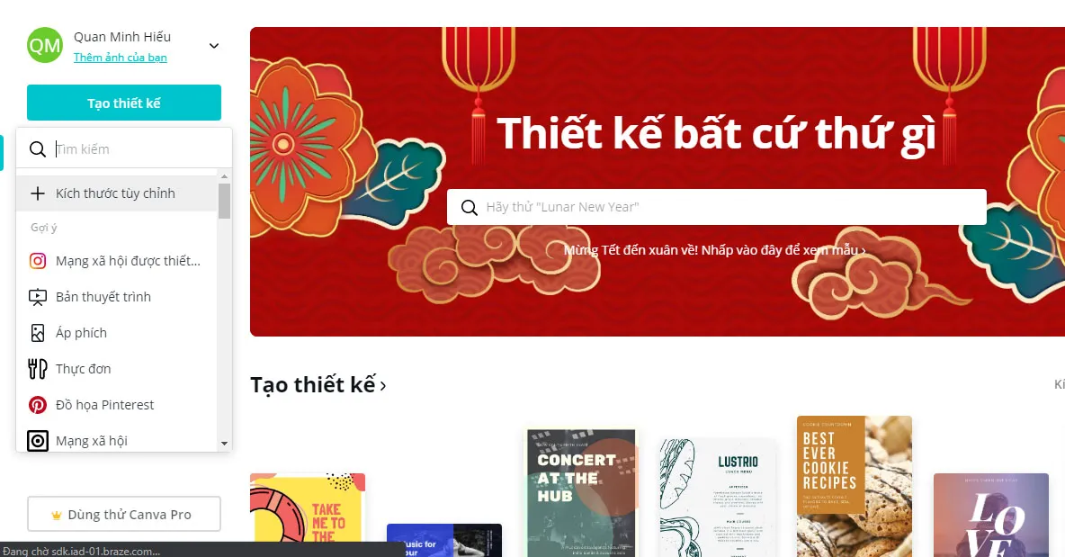 Chọn Tạo thiết kế tại ngăn bên trái, sau đó chọn kích thước khung phù hợp