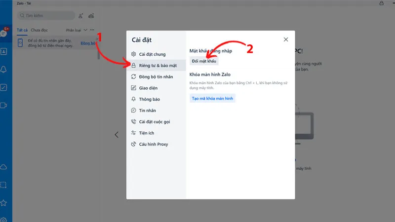 Ảnh chụp màn hình giao diện Zalo trên điện thoại, chọn "Cài đặt" rồi chọn "Riêng tư & bảo mật"