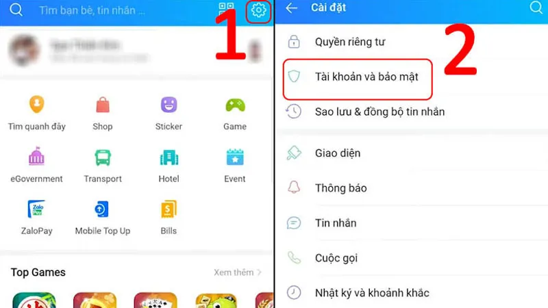 Ảnh chụp màn hình giao diện Zalo trên điện thoại, chọn mục "Cài đặt" và "Tài khoản và bảo mật"