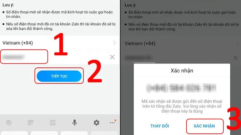 Ảnh chụp màn hình giao diện Zalo trên điện thoại, nhập số điện thoại mới, chọn "Tiếp tục" và "Xác nhận"