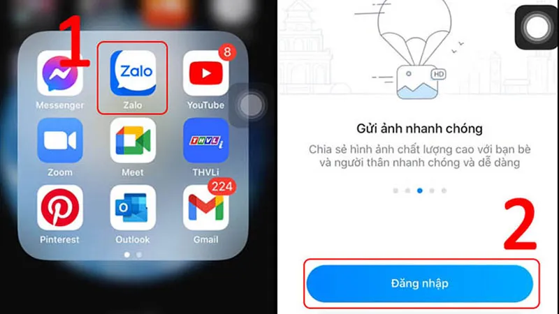 Ảnh chụp màn hình giao diện Zalo trên điện thoại, nhấn vào mục "Đăng nhập"
