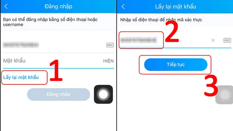 Ảnh chụp màn hình giao diện Zalo trên điện thoại, chọn "Lấy lại mật khẩu" và nhập số điện thoại