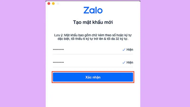 Ảnh chụp màn hình giao diện Zalo trên máy tính, hoàn tất việc đổi mật khẩu mới