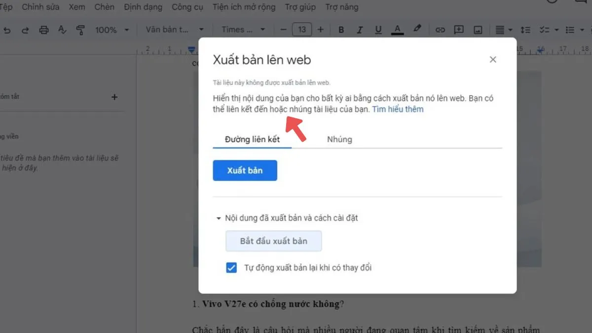 Nhấn nút Xuất bản để tạo liên kết web cho tài liệu Google Docs bước 2