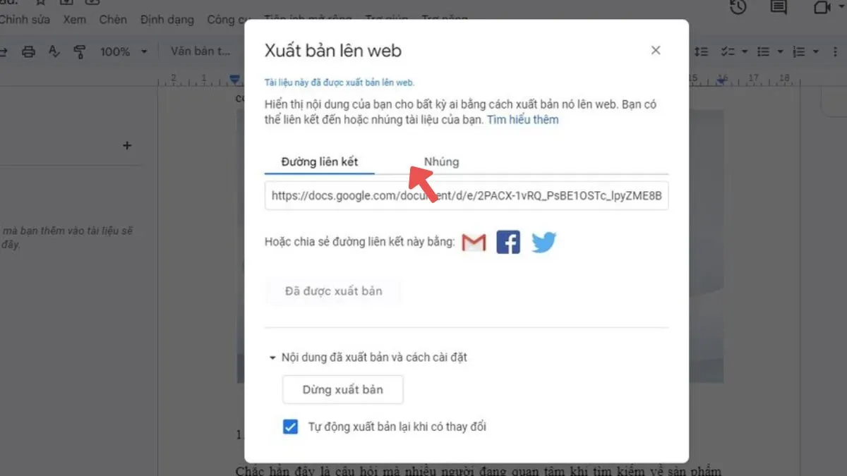 Sao chép đường liên kết đã xuất bản từ Google Docs bước 3