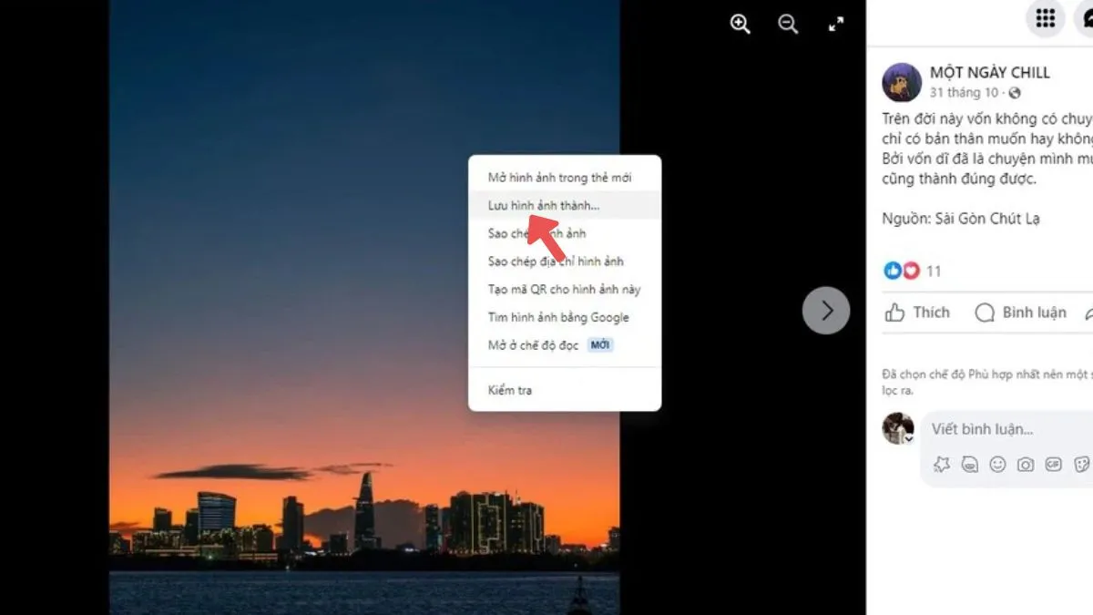 Thao tác nhấp chuột phải và chọn Lưu hình ảnh thành trên Facebook bước 1