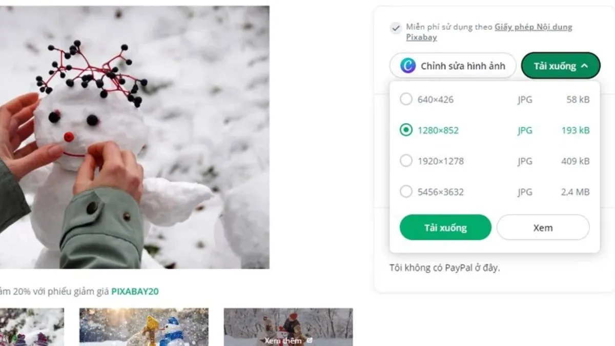 Giao diện Pixabay và các bước lựa chọn kích thước trước khi tải xuống bước 2,3