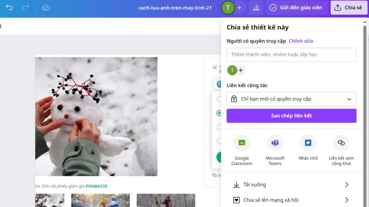 Trong giao diện thiết kế Canva, chọn Chia sẻ và Tải xuống bước 1