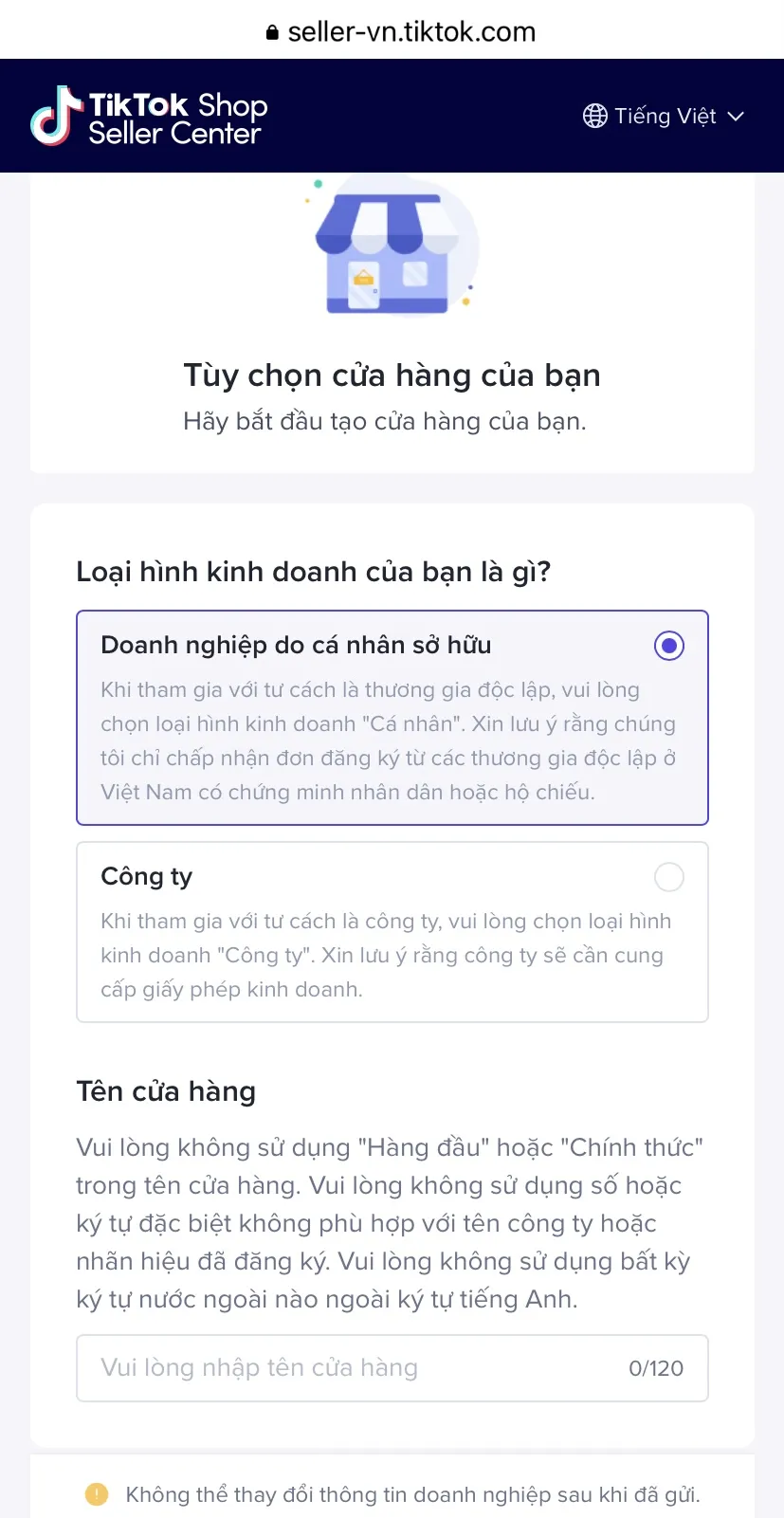 Cách đăng ký TikTok Shop trên điện thoại: Lựa chọn hình thức kinh doanh phù hợp với quy mô hoạt động.