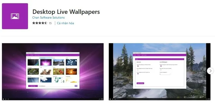 Giao diện của ứng dụng Desktop Live Wallpaper trên Microsoft Store