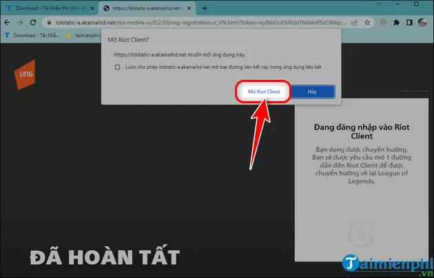 Nút "Mở Riot Client" sau khi hoàn tất cập nhật thông tin.