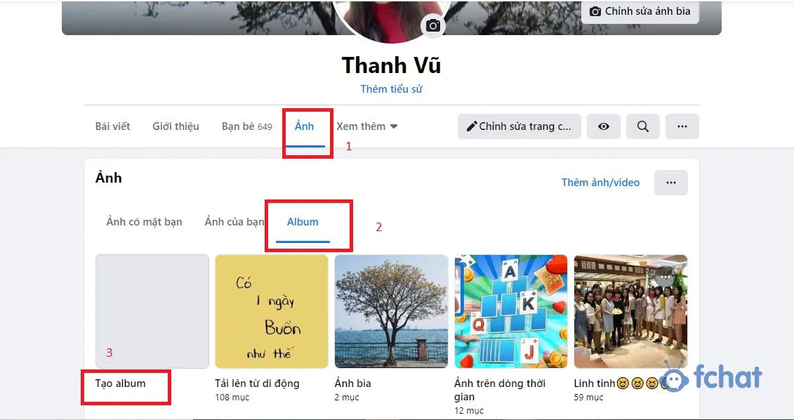 Tab Ảnh trên Facebook là nơi bắt đầu cách tạo album ảnh trên máy tính