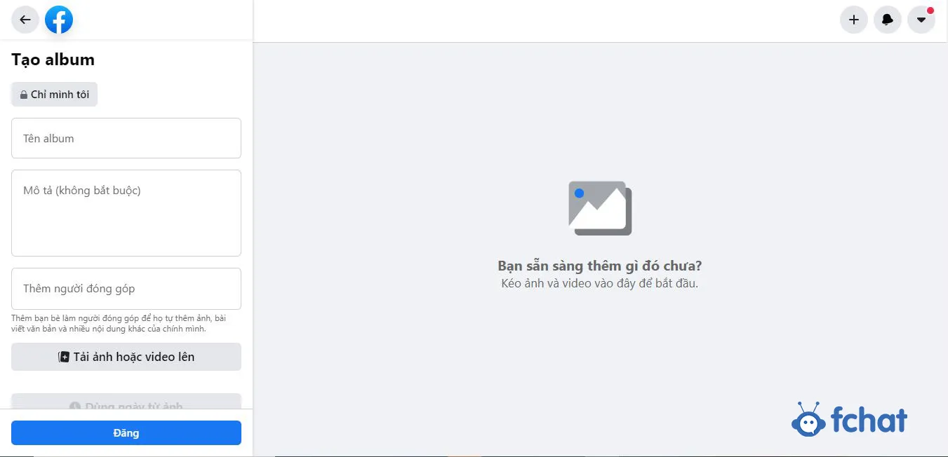 Nhập tên và mô tả cho album ảnh trên máy tính cùng với cài đặt quyền riêng tư