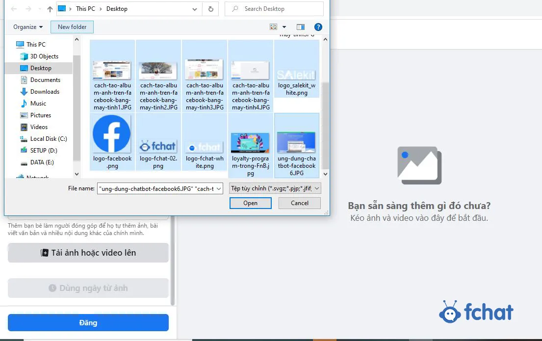 Cửa sổ chọn ảnh từ máy tính để bắt đầu upload vào album mới trên Facebook