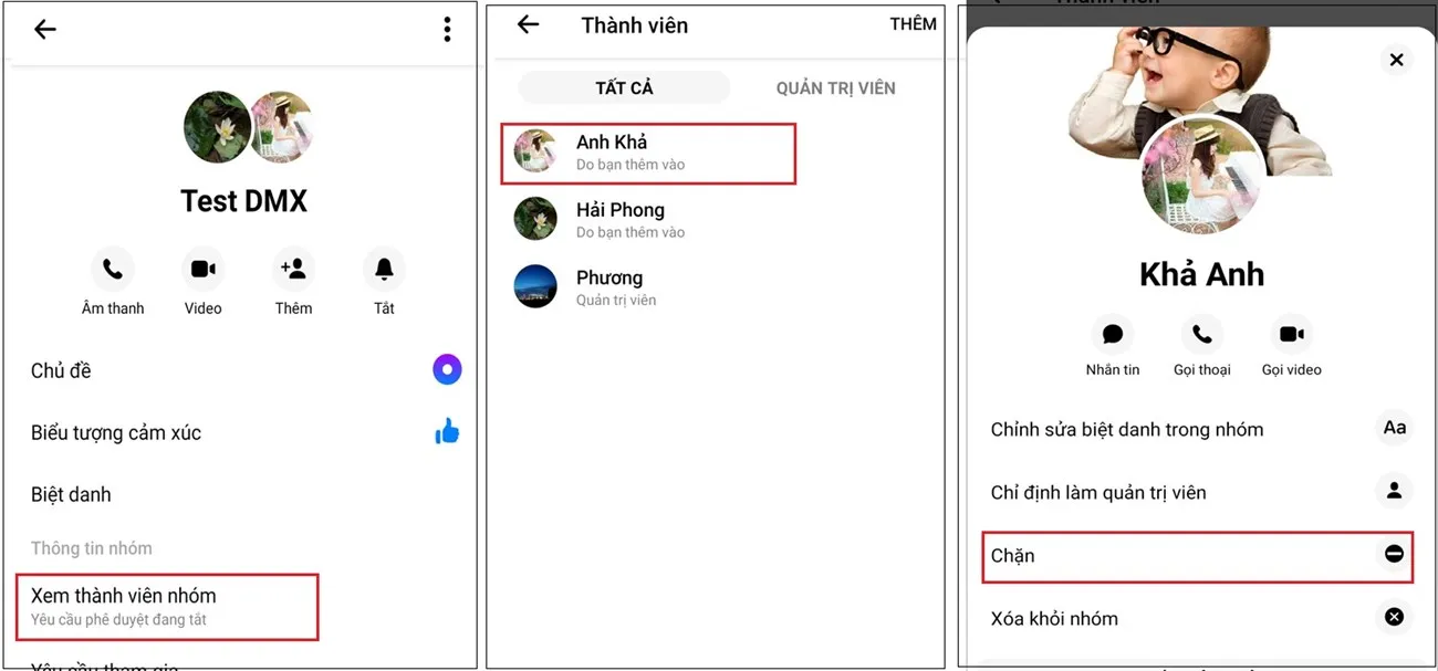 Thực hiện thao tác chặn thành viên từ cửa sổ Xem thành viên nhóm