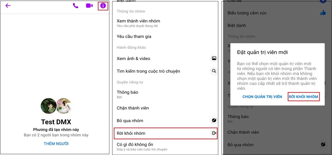 Rời khỏi nhóm bằng cách nhấn vào mục tương ứng trong cài đặt nhóm