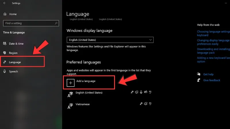 Nhấp vào nút Add a language