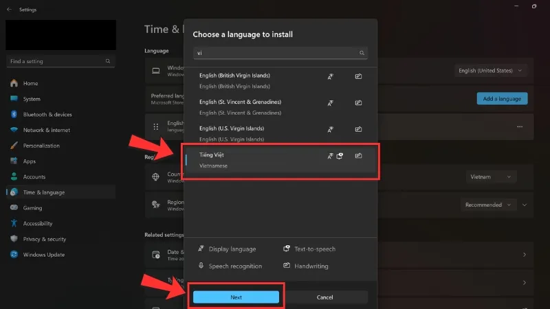 Nhập tìm kiếm ngôn ngữ và nhấn Next.