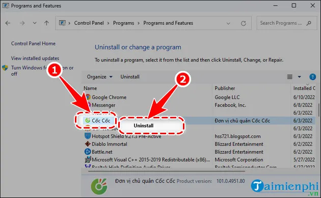 Lựa chọn trình duyệt Cốc Cốc từ danh sách ứng dụng đã cài đặt