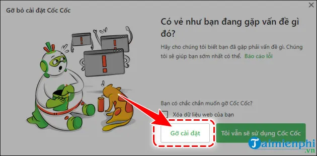 Hộp thoại xác nhận gỡ cài đặt trình duyệt Cốc Cốc hoàn toàn khỏi máy tính